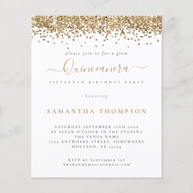 Flyer PAPEL | Trendy Dourado Glitter Quinceañera Convite (Frente)