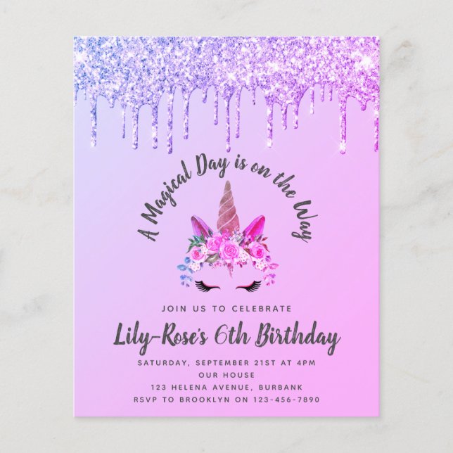 Flyer PAPEL Unicórnio Rosto Glitter Convite de Aniversár (Frente)