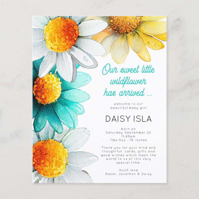 Flyer PAPER Boho Wildflower Obrigado Anúncio de Nascimen (Frente)