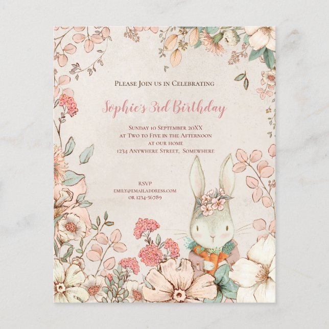Flyer PAPER | Bunny Floral 3rd Birthday Girl Invitation (Frente)