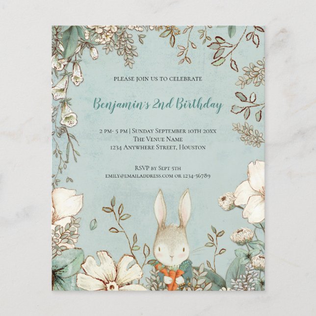 Flyer PAPER Cute Bunny Foliage 2nd Birthday Boy Invite (Frente)