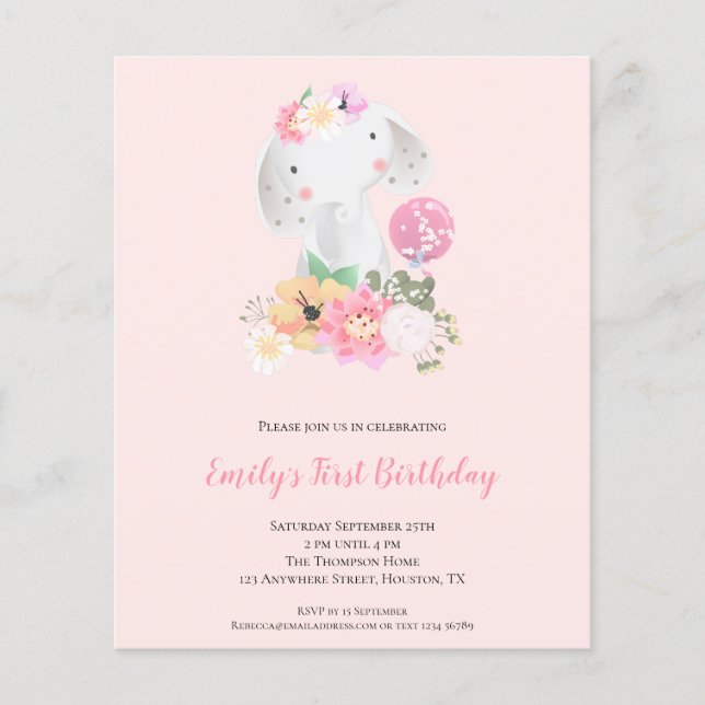 Flyer PAPER | Elephant Pink Girl 1st Birthday Invitation (Frente)