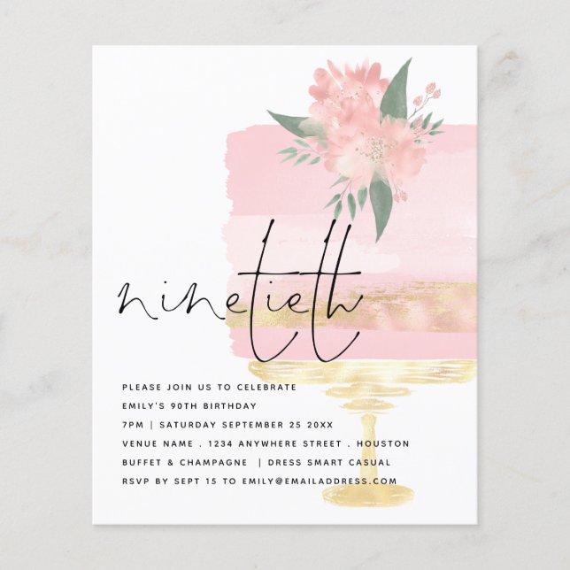 Flyer PAPER Pink Gold Birthday Cake 90th Party Invite (Frente)