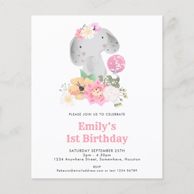 Flyer PAPER | Sweet Elephant First Birthday Party Invite (Frente)