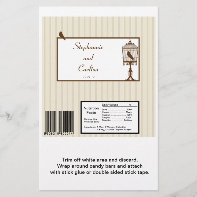 Flyer Pássaros do Amor, Tan/Brown Wedding Candy Wrapper (Frente)
