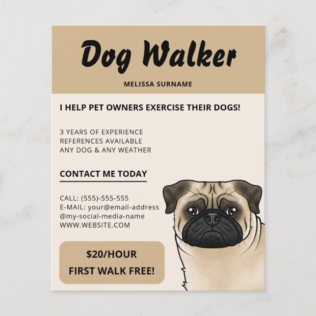 Flyer Passeador de Cães Cachorro Bege Pug Fawn Serviço d (Frente)