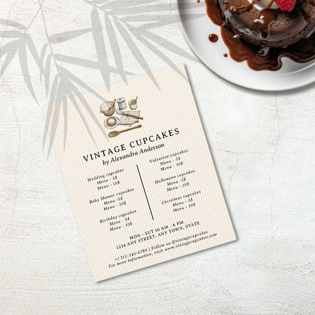 Flyer Pastelaria para Cozinhar de vindima em tiras (Striped Vintage Cooking Utensils Baker Pastry Flyer)