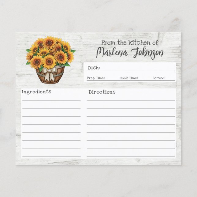 Flyer Personalized Recipe Card Rustic Wood & Sunflowers (Frente)