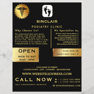 Flyer Pés de Podologia Elegantes Preto e Dourado, Caduce