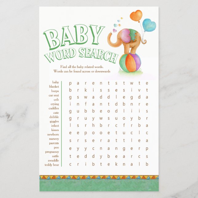 Flyer Pesquisa de palavras de chá de fraldas de elefante (Frente)