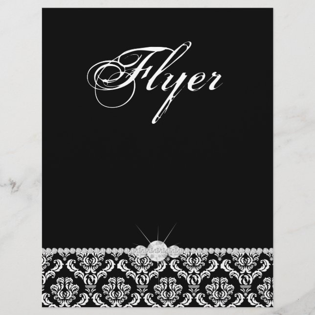 Flyer Pêssego de Jewelry Salon Damask Black White Classy (Frente)