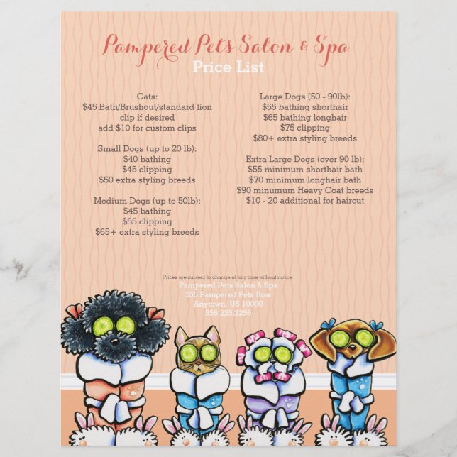 Flyer Pet Groomer Spa Dogs Cat Robs Peach Price Sheet (Frente)