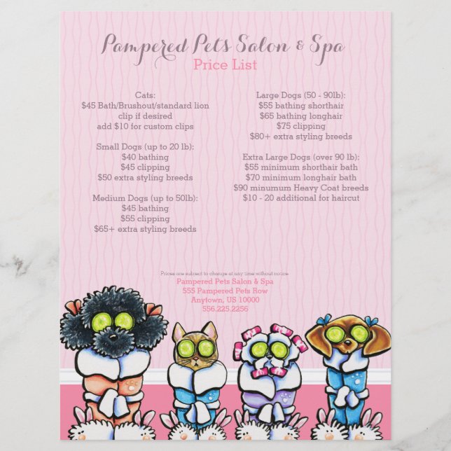 Flyer Pet Groomer Spa Dogs Cat Robs Pink Price Sheet (Frente)