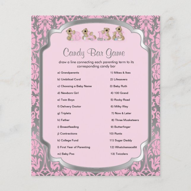 Flyer Pink and Silver Damask Teddy Bears - Candy Game (Frente)