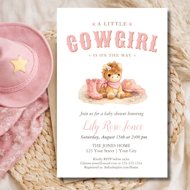 Flyer Pink Little Cowgirl Watercolor Baby Shower (Criador carregado)