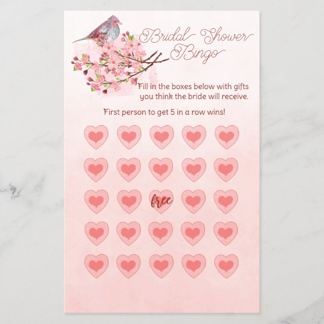 Flyer Pink Watercolor Blossoms Cereja Bridal Bingo (Frente)