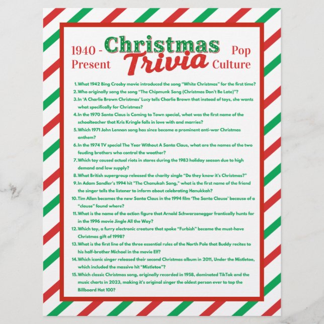 Flyer Pop Culture Christmas Trivia Game Sheet (Frente)