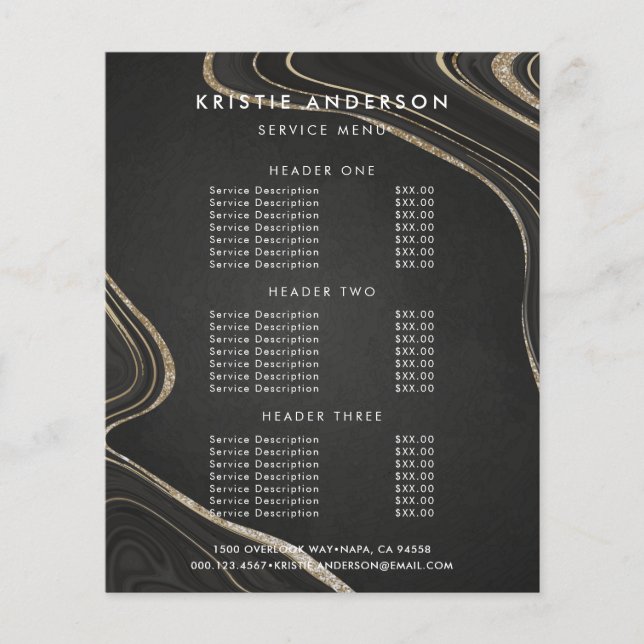 Flyer Preços e Serviços do Padrão Fluido Dourado Preto E (Frente)
