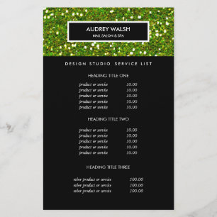 Flyer Preços e Serviços do Salão Verde Glitter Deluxe