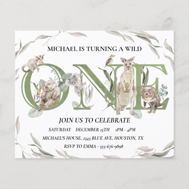 Flyer Primeiro Aniversário Australian Wild One Animais  (Frente)