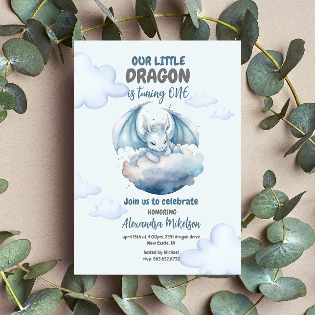 Flyer Primeiro aniversario De Bebê De Dragão De Cor Azul ("Create Magic with Cute Watercolor Dragon Baby 1st Birthday Invitation )