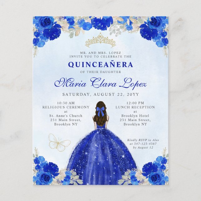 Flyer Princesa Floral Dourada Real Barata Quinceañera (Frente)
