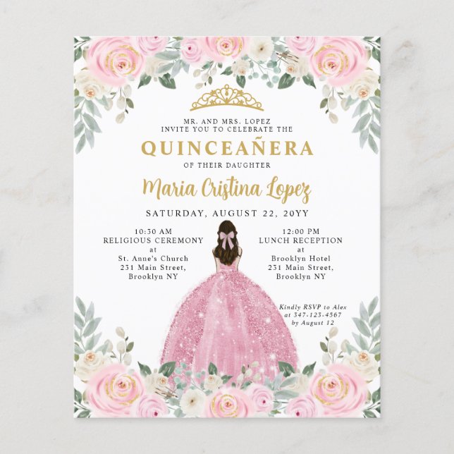Flyer Princesa Floral Dourada Rosa Barata Quinceañera (Frente)
