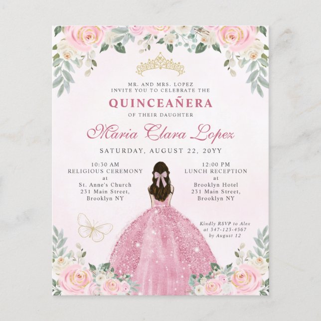 Flyer Princesa Floral Dourada Rosa Barata Quinceañera (Frente)
