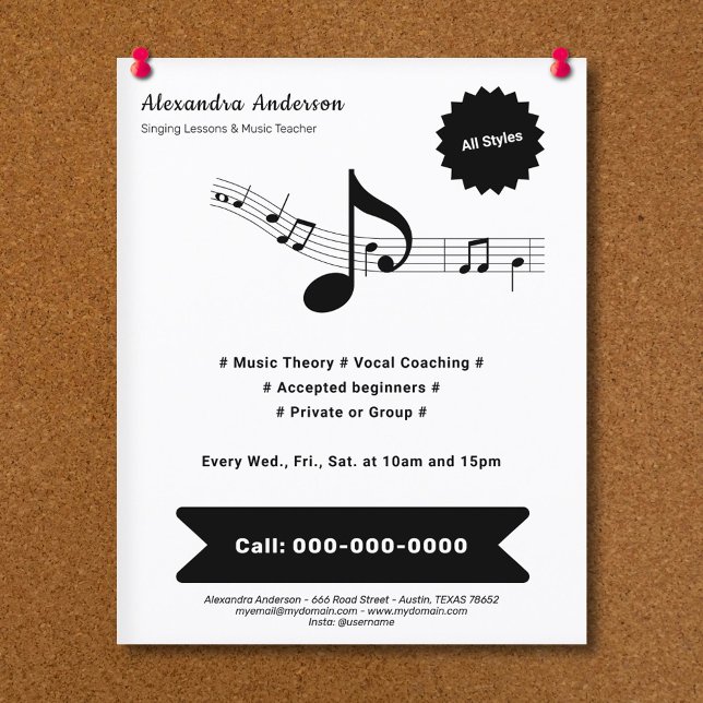 Flyer Professor de Música Simples, Preto e Branco (Black & White Music Teacher Flyer)