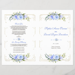 Flyer Programa Azul Floral Dourado de Casamento com Fram