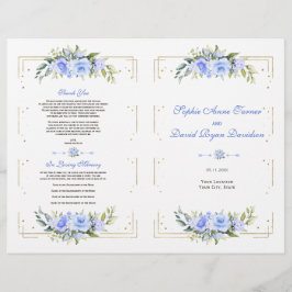 Flyer Programa Azul Floral Dourado de Casamento com Fram
