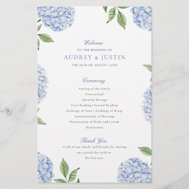 Flyer Programa Blue Hydrangea Classic Weding Paper (Frente)