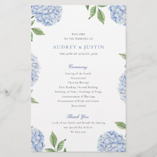 Flyer Programa Blue Hydrangea Classic Weding Paper