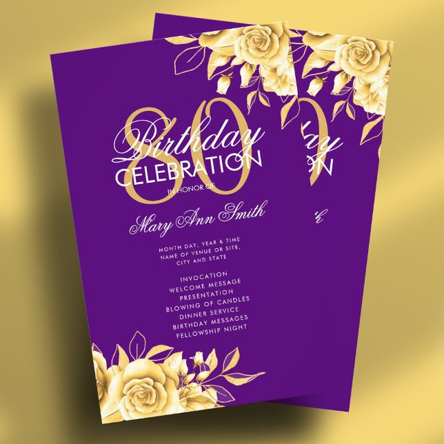 Flyer Programa de Aniversário do Floral 80 Dourado e Pur (Floral 80th Birthday Program Gold & Purple w/ Menu Flyer)