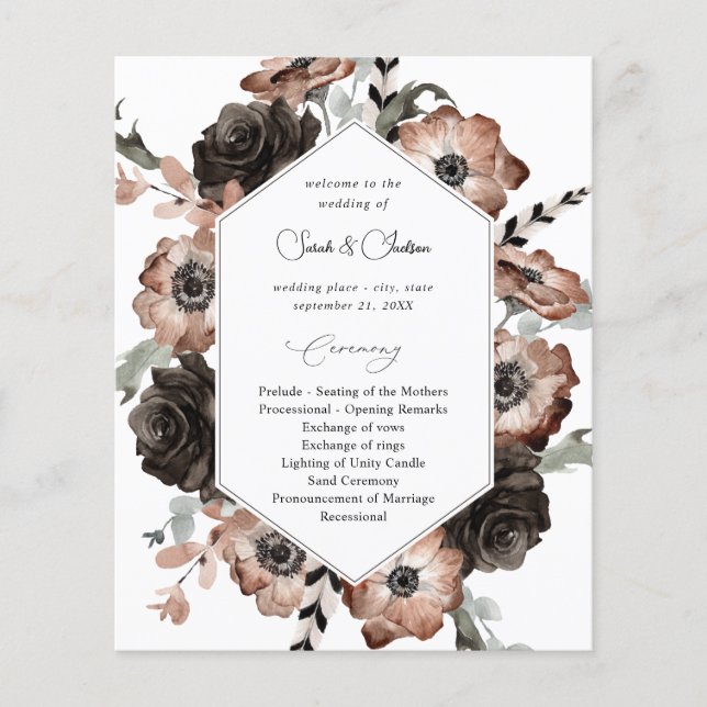 Flyer Programa de Casamento Boho Floral Preto e Natural  (Frente)
