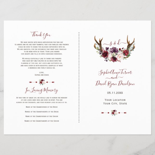 Flyer Programa de Casamento Burgundy Blush Florwer Antle (Frente)