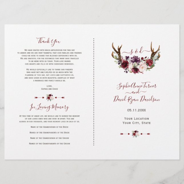Flyer Programa de Casamento Burgundy Blush Florwer Antle (Frente)
