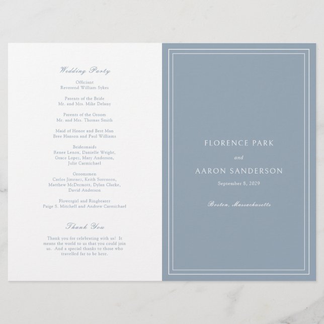 Flyer Programa de Casamento Católico Azul Empoeirado Eco (Frente)