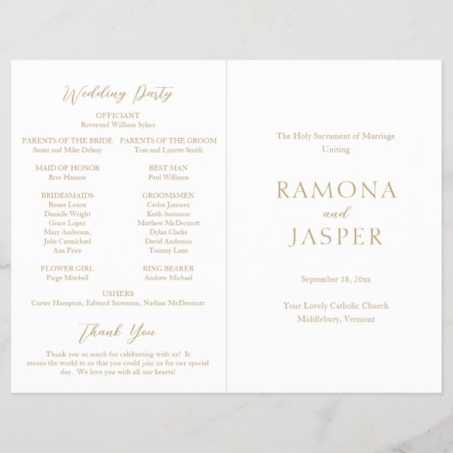 Flyer Programa de Casamento Católico Simples Dourado Mod (Frente)