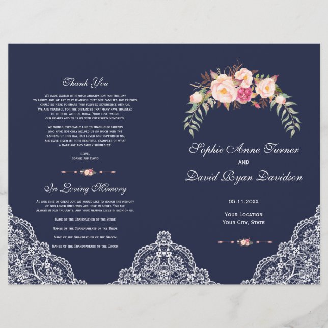 Flyer Programa de Casamento Charm Blush Flores Cor-de-Ro (Frente)