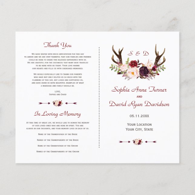 Flyer Programa de Casamento Chic Burgundy Blush Floral A (Frente)