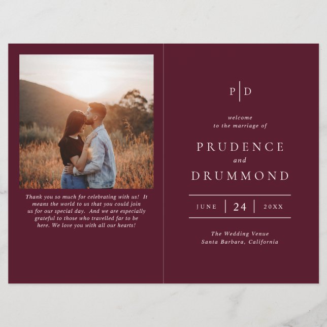Flyer Programa de Casamento Clássico Burgundy Profundo E (Frente)