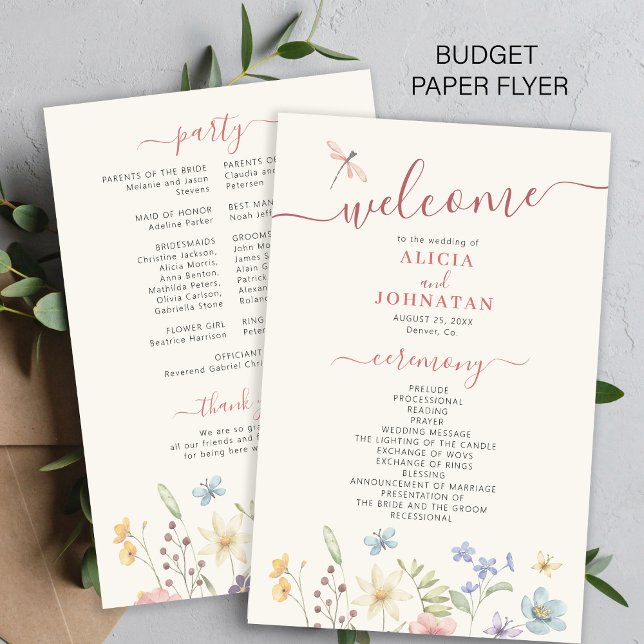 Flyer Programa de casamento com flores silvestres boho e (Criador carregado)