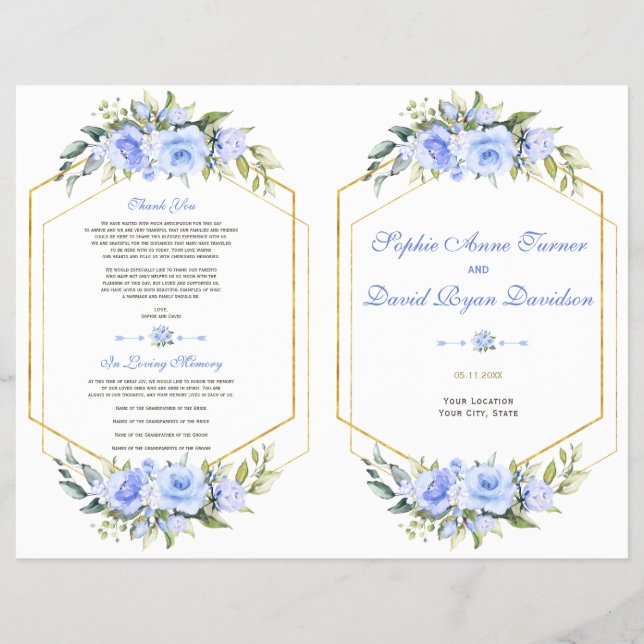 Flyer Programa de Casamento de Frame Dourado Floral Azul (Frente)