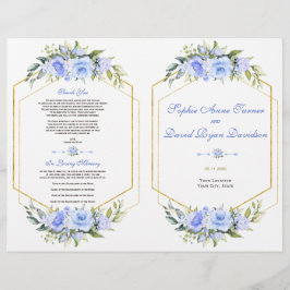 Flyer Programa de Casamento de Frame Dourado Floral Azul