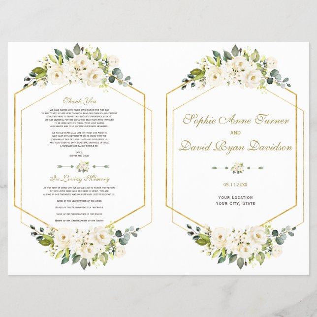 Flyer Programa de Casamento de Quadros Dourados Florais  (Frente)