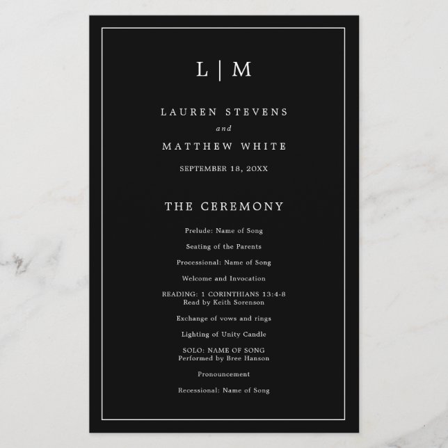 Flyer Programa de Casamento Elegante com Monograma Preto (Frente)