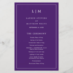 Flyer Programa de Casamento Elegante com Monograma Roxo