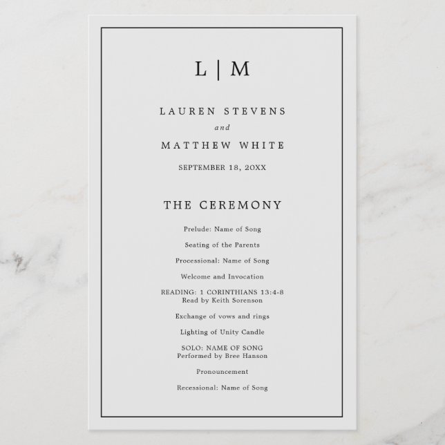 Flyer Programa de Casamento Elegante de Monograma de Cin (Frente)