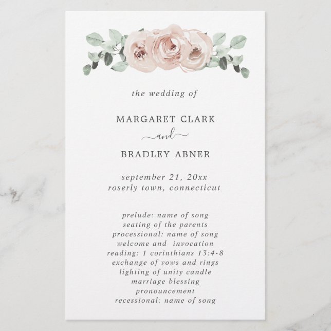 Flyer Programa de Casamento Elegante Flor de Rosa Empoei (Frente)